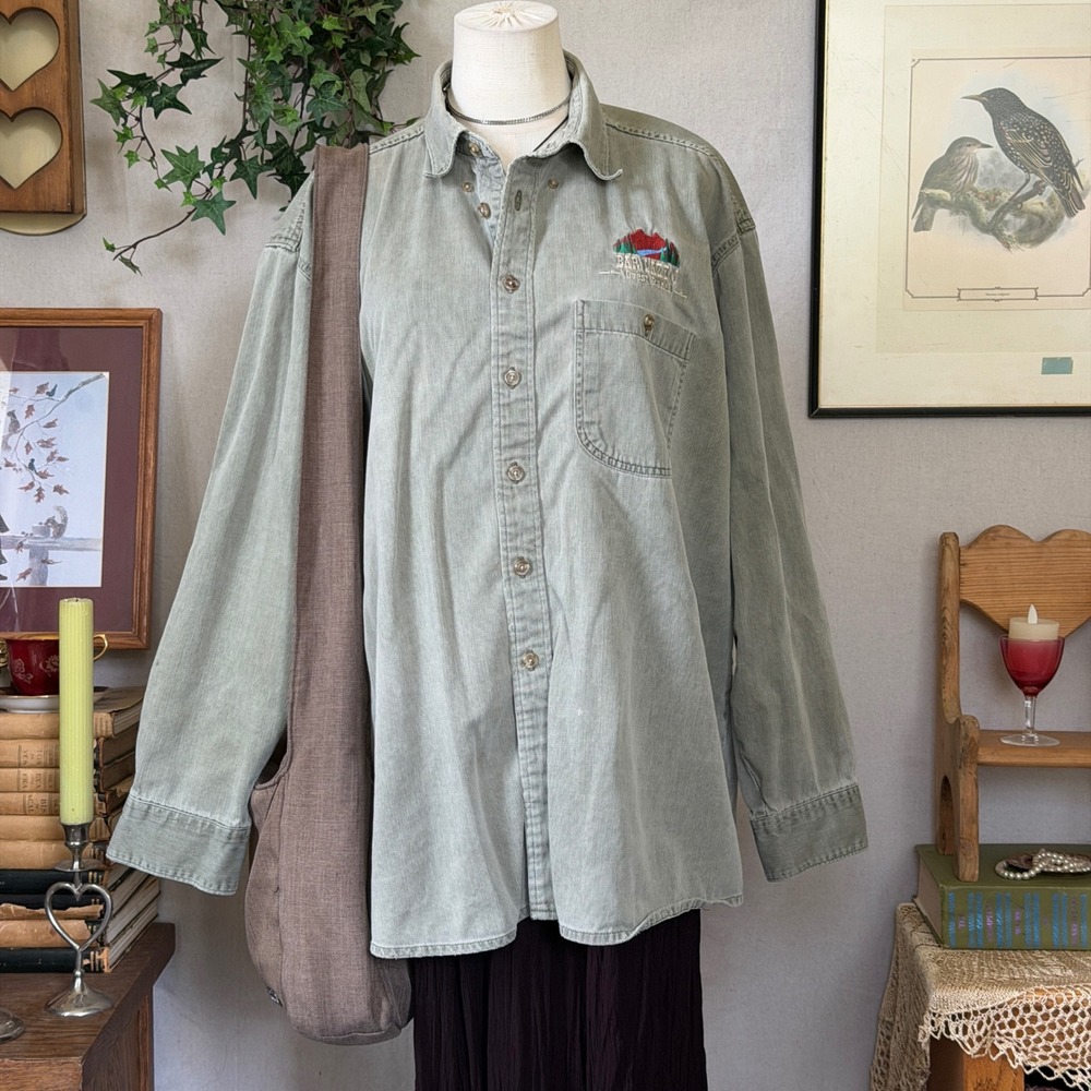 Sage Green Corduroy Denim Embroidered Ranch Shirt Vintage XL Western Boho Grunge
